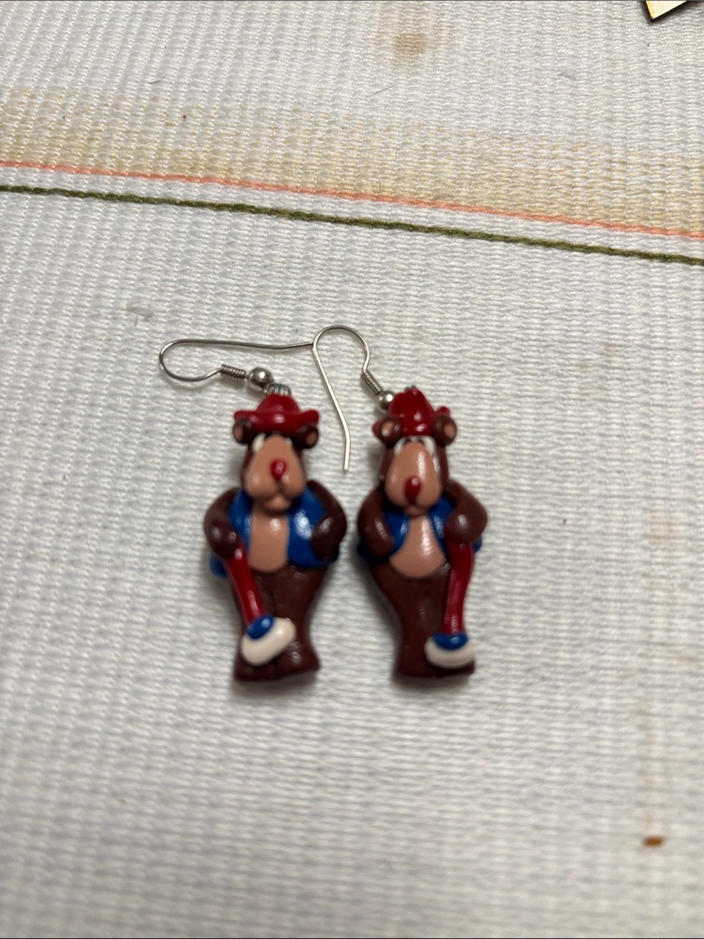 Novelty Bear Dangle Earrings in Brown, Red & Blue